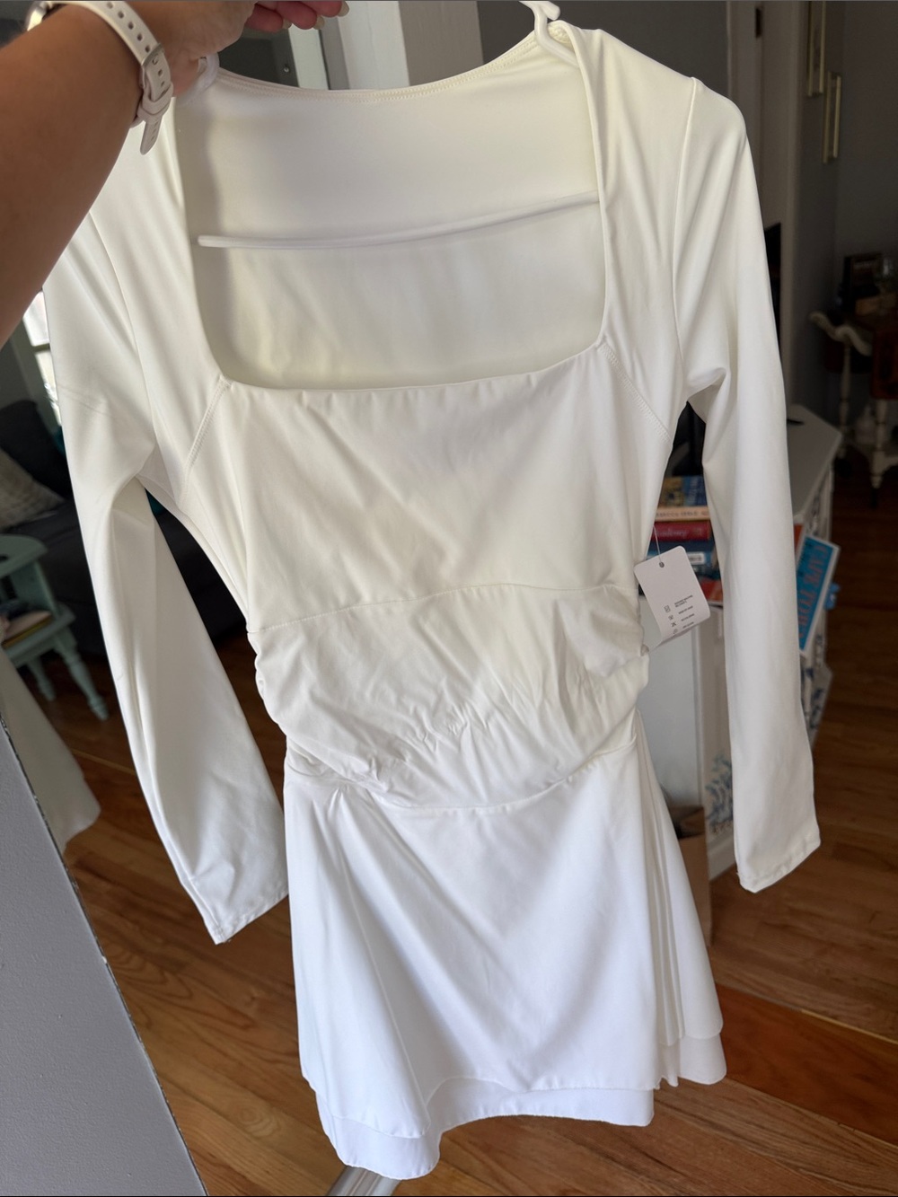 Square-Neck Long-Sleeve White Skater Dress